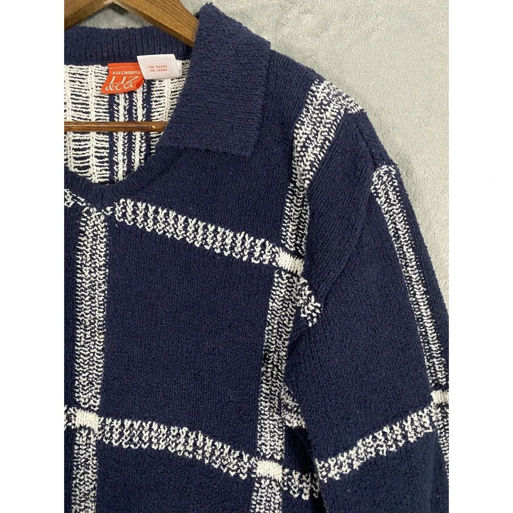 Vintage Liz & Co Sweater Womens Medium Navy Windowpane Tunic Classic Preppy‎